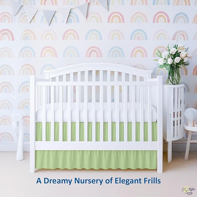 Cottington Lane Sage Crib Skirt Dust Ruffle, 100% Natural Cotton, Soft, Durable Nursery Crib Toddler Bedding Skirt for Baby Girls or Boys, Fits Standard Cribs 28" x 52" with 14" Drop