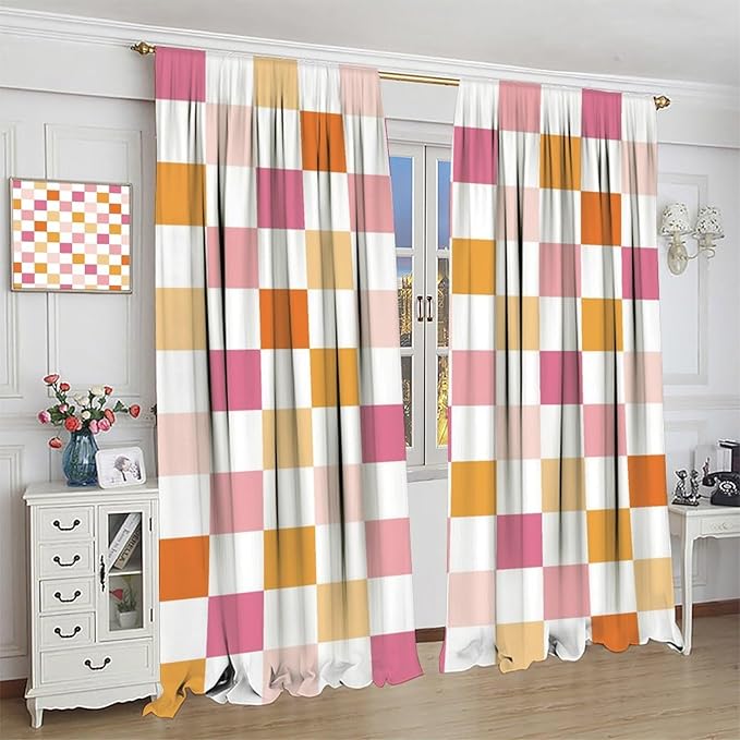 Pink Checkered Curtains,70s Vintage Twisted Checkered Window Drapes Colorful Groovy Trendy Wavy Hippie Grid Print Window Treatments for Kids Girls Bedroom Living Room 42" W X 45" L