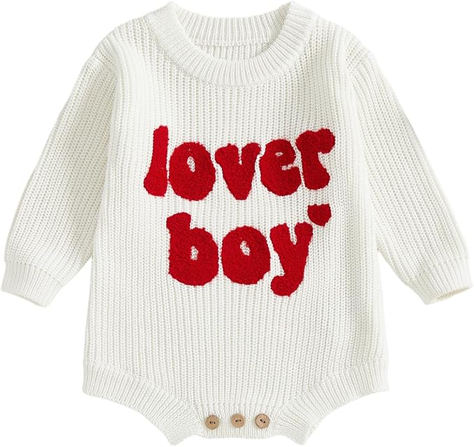 Lesimsam Newborn Baby Boy Girl Valentines Day Outfit Oversized Embroidery Long Sleeve Knit Sweater Bubble Romper Bodysuit