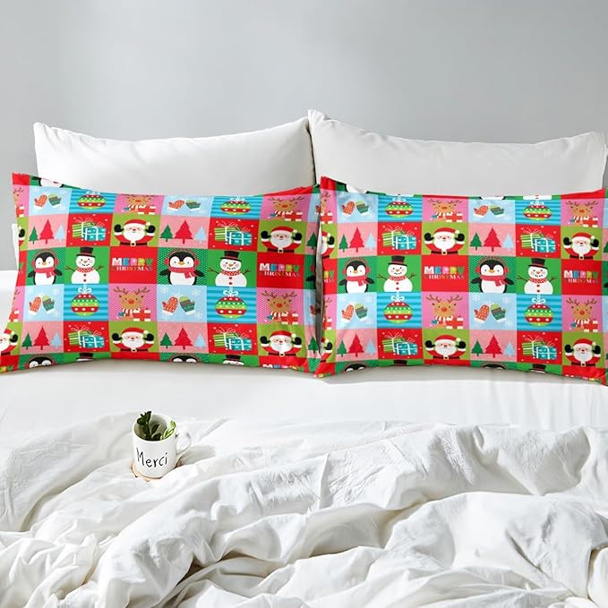 Christmas Bedding Set for Kids Boys Girls Santa Claus Christmas Tree Comforter Cover Set Colorful Geometric Grid Duvet Cover Bedroom Decor Xmas Theme Bedspread Cover King Size Bedding Collection 3Pcs