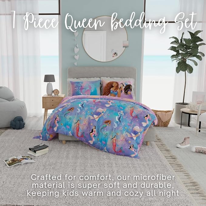 Disney Princess Ariel The Little Mermaid Live Action Movie Kids Bedding Super Soft & Cozy Reverisble Microfiber Comforter and Sheet Set with Sham, Queen, (100% Officially Licensed Product) by Franco