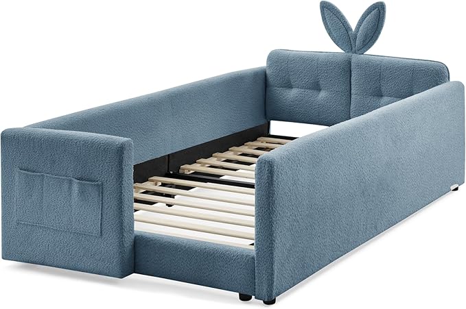 Twin Size Upholstered Platform Bed with Safety Guardrail and Cute Rabbit Ear Shaped Headboard, Boucle Fabric Montessori Kids Bed with Pocket and Sturdy Slats Support (Baby Blue-7.24)