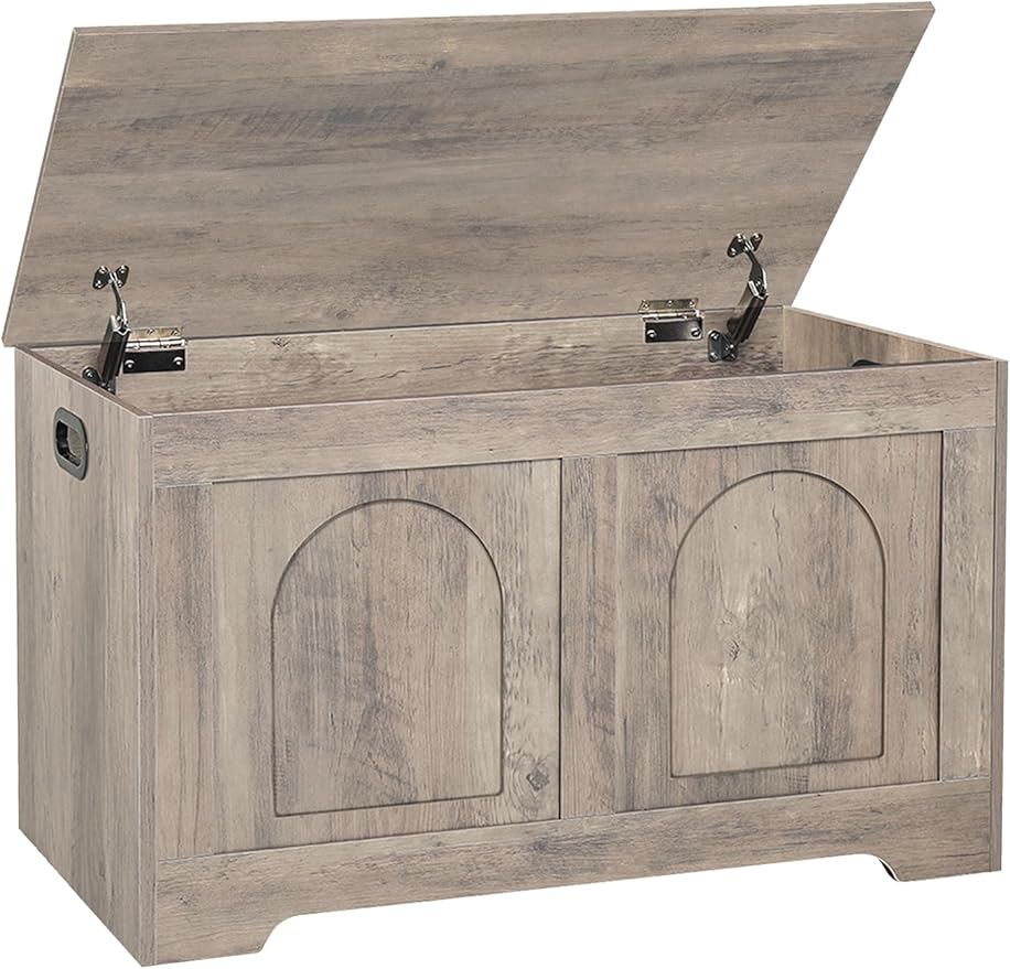 DINZI LVJ Storage Chest, 31.5”Wooden Toy Box with 2 Safety Hinges, Entryway Storage Bench with Flip-Top, Sturdy Storage Trunk for Living Room, Bedroom, Easy Assembly, Greige