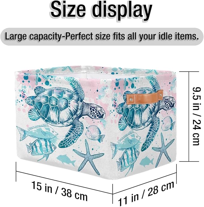 Sea Turtle Starfish Storage Basket for Shelves, Storage Bins with Handles, Collapsible Basket for Organizing, Closet Toy Baskets for Nursery Room, 15x11x9.5 in, Canvas, Ocean Tropical Fish