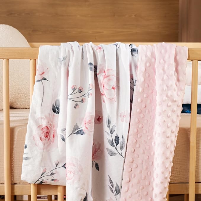 david's kids Micro Fleece Minky Baby Blanket for Girls with Double Layer and Soothing Raised Dots, Breathable and Soft Lightweight Receiving Blanket for Newborns, 50x60 Inches, Floral Flowers