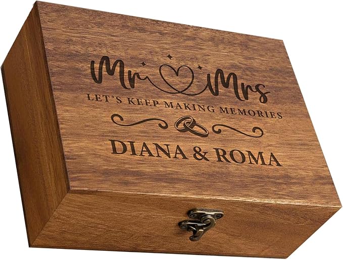 Personalized Large Wooden Keepsake Box with Pine/Walnut(8*6*3in), Custom Memory Box for Wedding Gifts, Personalized Gifts for Women/Wife/Couple, Keepsake Storage Decorative Wood Box for Wedding