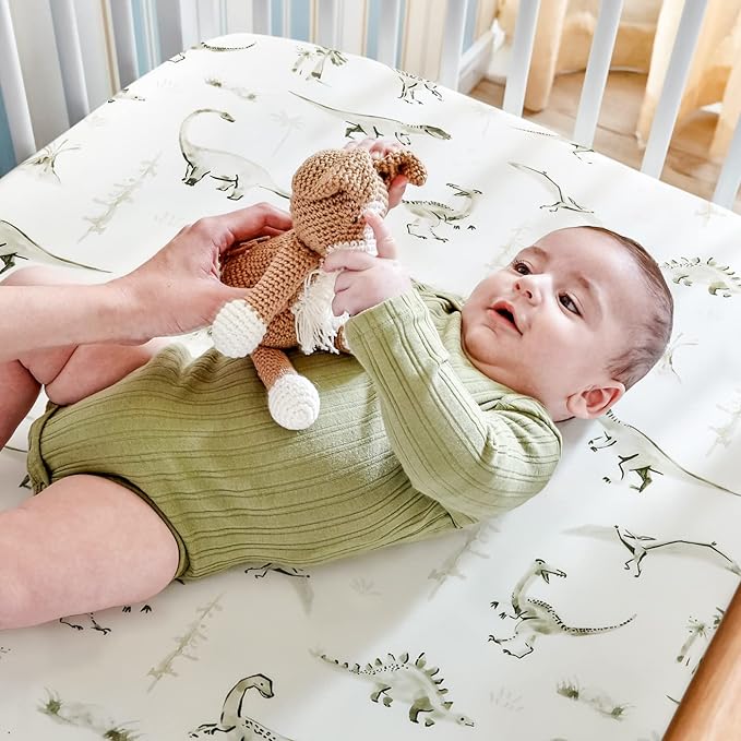 GRSSDER Pack n Play Sheets Fitted 3 Pack, Stretchy Ultra Soft Jersey Knit Pack and Play Sheets, Universal Fitted Portable/Mini Crib Mattresses Snug and Safe, Cute Dinosaurs for Boy and Girl