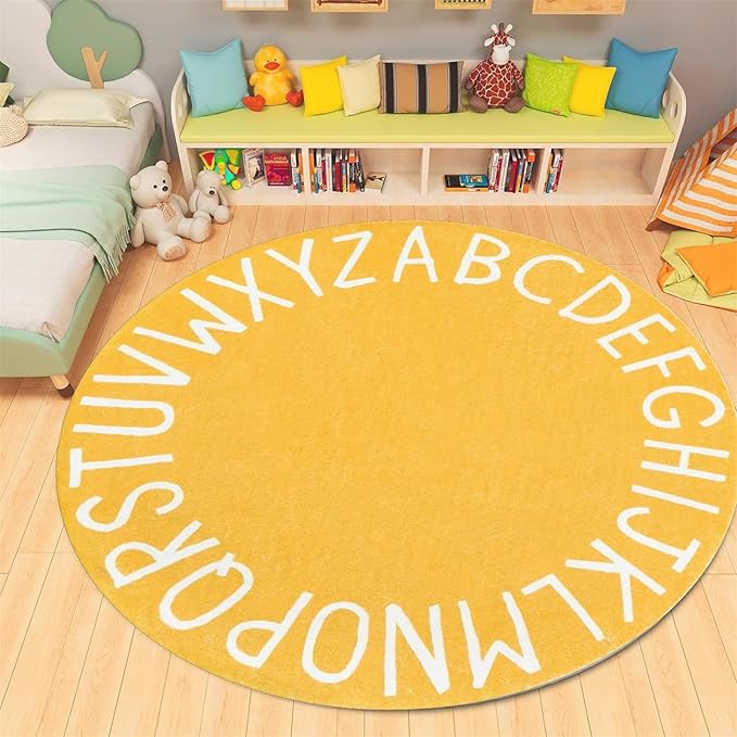 2.6ft Kids Circle Rug,ABC Rugs for Kids Playroom,Colored Alphabet Nursery Area Rug, Non-Slip Mat, Carpet Suitable Modern Home Decoration for Living Room Machine Washable Rugs, Anti-Slip Easy Clean