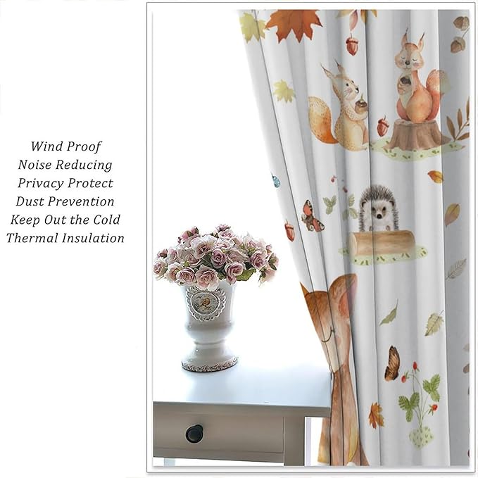 Fall Animails Curtains for Kids, Rustic Cute Woodland Wild Animal Window Treatments Watercolor Autumn Leaves Cartoon Fox Deer Window Drapes for Nursery Toddler Bedroom 55x63in