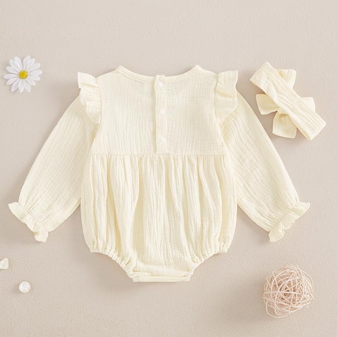 Newborn Infant Baby Girl Clothes Cotton Linen Long Sleeve Smocked Bubble Romper Ruffle Bodysuit Jumpsuit Fall Outfit