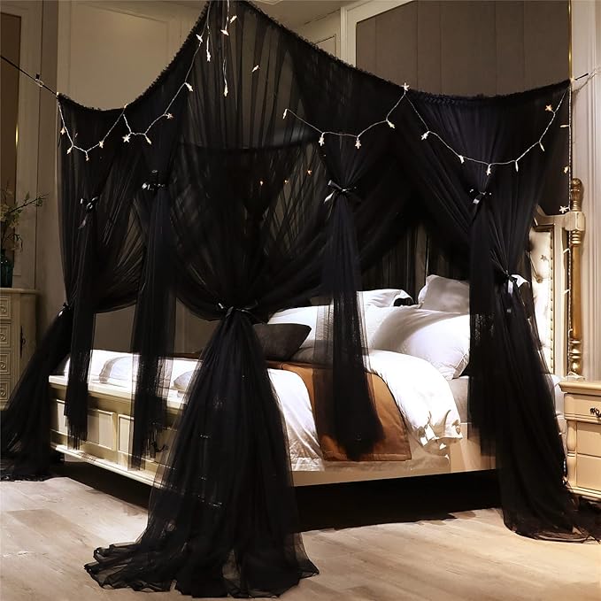 VETHIN 4 Corners Post Princess Bed Canopy Curtain Double Layer Cozy Drape Netting 4 Opening Mosquito Net for Girls & Adults Bedroom Decoration Accessories (Double Black, 59" W*82" L*82"*H/(Queen))