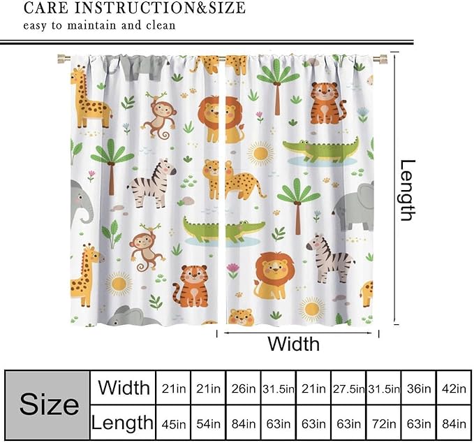Cartoon Animal Curtains, Safari Woodland Jungle Forest Wildlife Blackout Window Treatments, Rod Pocket Thermal Insulated Drapes 2 Panel Sets for Kids Bedroom Nursery Classroom, 84" W X 84" L