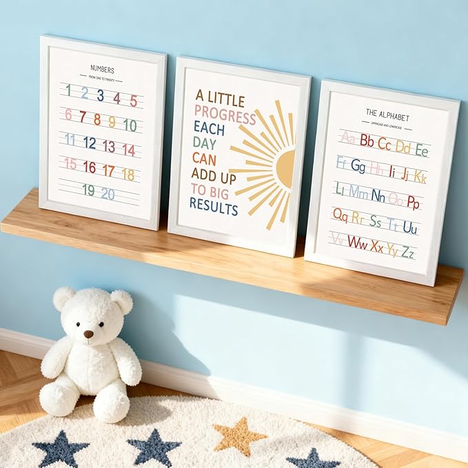 3 PCS Alphabet Numbers Framed Playroom Wall Decor,Classroom Must Haves,A Little Progress Each Day Boho Educational ABC Poster Wooden Sign for Baby Girl Kid Boy Toddlers,Neutral Preschool English Letters Nursery Decor for Homeschool Kindergarten Kids Le...