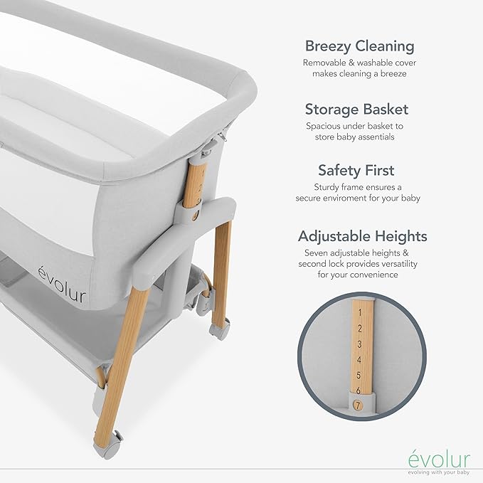 évolur Lullaby Portable Bassinet with Wheels, Adjustable Bedside Sleeper, Breathable Mesh Sides, Large Storage Basket, Easy Fold, and Travel Bag Included, Perfect for Newborns & Infants - Light Gray