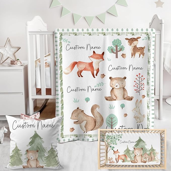 Personalized Baby Crib Bedding Set,3 Piece Custom Name Nursery Set with Blanket, Fitted Sheet & Pillowcase for Baby Girls & Boys, Forest Buddies Theme(Fixed Size)