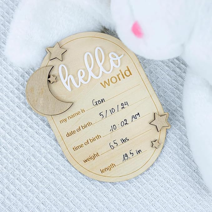 1Pcs Baby Announcement Sign, Moon And Stars Hello World Newborn Welcome Sign Birth Name Plaques for Photo Props Baby Shower Hospital Nursery