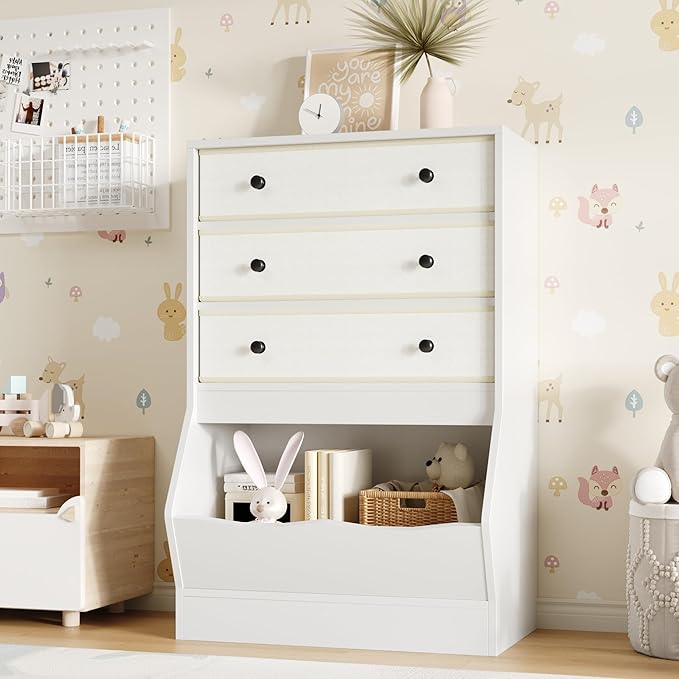MHOM Toy Storage Organizer with Open Cube, Kids Bookshelf and Toy Storage with PU & Non-Woven Fabric Drawers, Small Book Shelf for Kids Rooms, Playroom and Nursery (White)