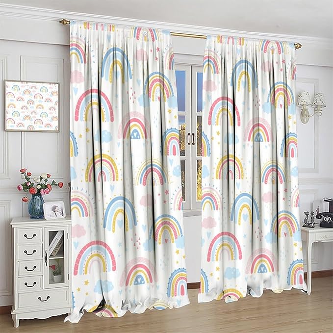 Kids Rainbow Curtains Boho Cartoon Colorful Stars Love Heart Lovely Abstract Art Pattern Print Window Drapes for Girl Bedroom Living Room Kitchen Decor,2 Panel Set,72Wx63H Inch Blackout