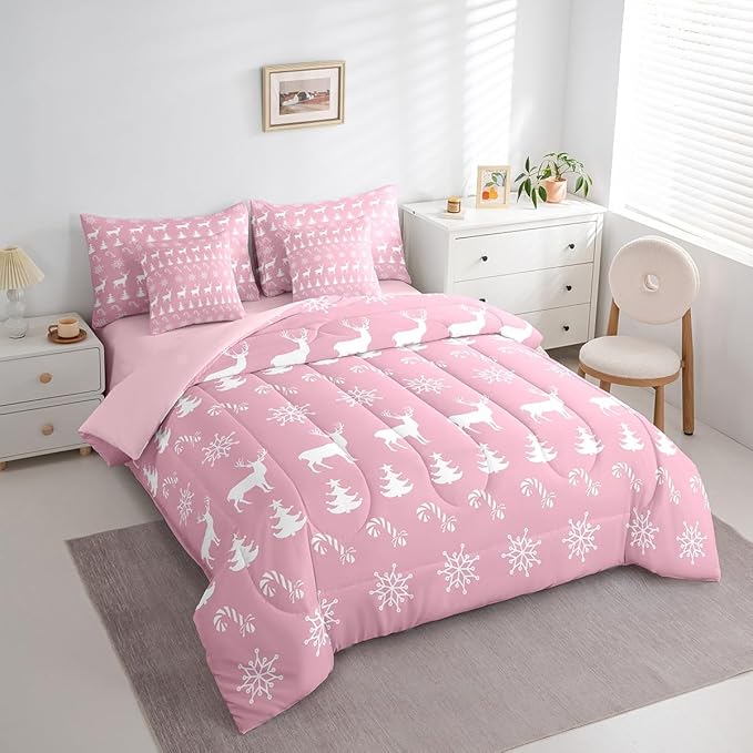 Erosebridal Christmas King Bedding Set 7 Piece,Xmas Elk Deer Bed in A Bag,Candy Snowflake Comforter Set Pine Tree Woodland Animals Sheet Set with Comforter,Pink Christmas Decoration