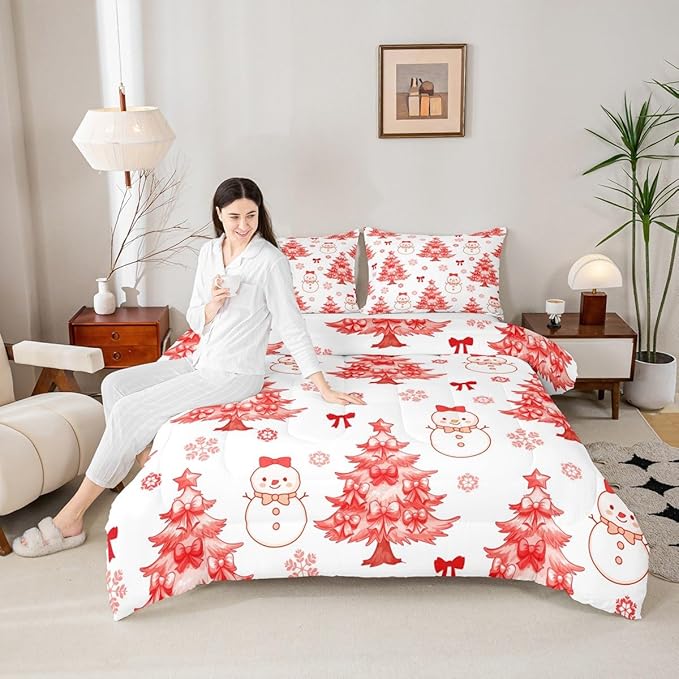 Feelyou Merry Christmas Comforter Set King Size Cute Snowman Bedding Set for Kids Boys Girls Cartoon Bowknot Duvet Quilt Christmas Tree Microfiber 3 Pcs with 2 Pillow Cases