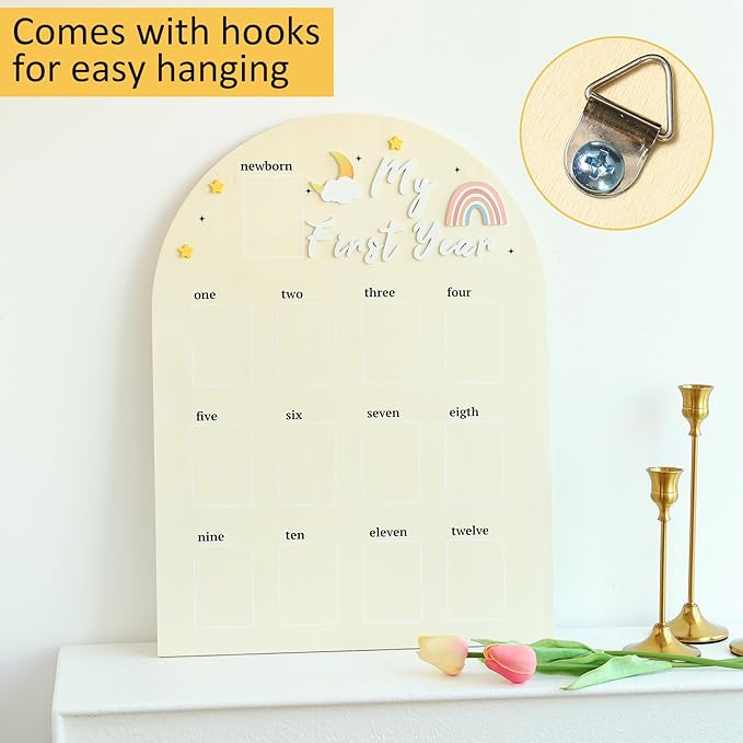 My First Year Photo Board - LIKEYO Wooden Photo Board Display My First Year Milestone Picture Frame, One Year Of Baby Photo Board, 12 Months Neutral Baby Keepsake Board, First Birthday Gifts Nursery Decor