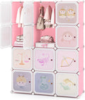 Costzon Kids Closet, Cartoon DIY Modular Dresser Storage Organizer with 12 Cubes & 2 Clothes Hanging Rack, Portable Armoire for Baby Toddlers, Kids Wardrobe for Bedroom Nursery