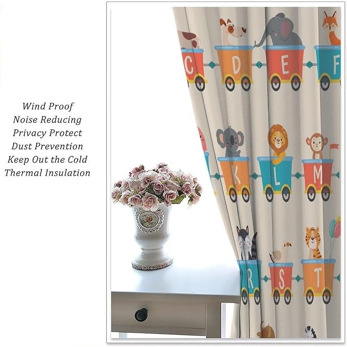 Kids Alphabet Curtains Funny Trains Letter Education School Cute Cartoon Animal Printed Curtain with Rod Pocket for Bedroom Living Room Drapes Window Treatments 2 Panels Set 42" W X 54" L