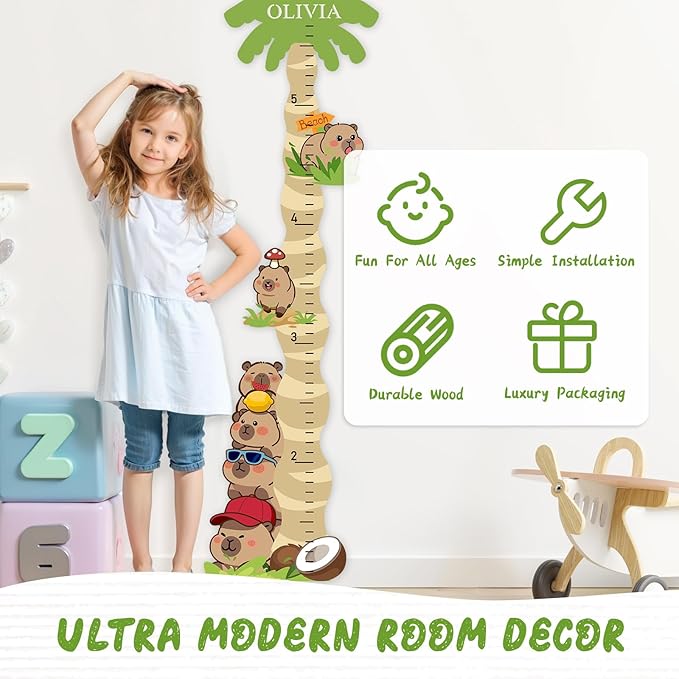 Personalized Name Growth Chart for Wall, Cute Capybara Wood Height Chart for Kids, Boy Girls Height Measurement Growth Measuring Ruler, Toddler Children Playroom Decor