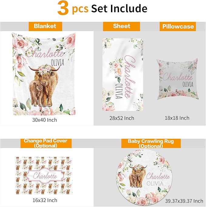 Custom Crib Bedding Set - Highland Cow Design Personalized Name Baby Nursery Bedding 3 Pcs Set - Chic Soft Blanket, Sheet, Pillowcase for Newborns Boys Girls Gifts Color24
