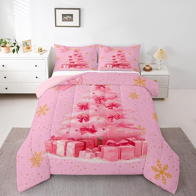 Erosebridal Xmas Tree Twin Bedding Sets Merry Christmas Comforter Sets for Kids Boys Girls Teens Snowflake Decorations Down Comforter Princess Bow Pink Decor Duvet Insert