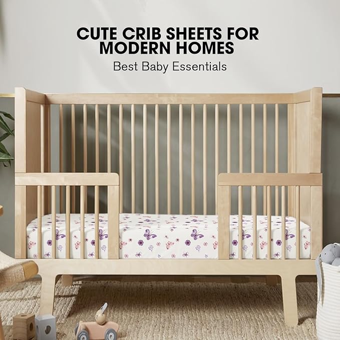 Little Grape Land Crib Sheets for Boys and Girls, 2pk Baby Crib Fitted Sheet for Standard Size Crib and Toddler Mattress, Super Soft Baby Sheet (Purple Butterfly)