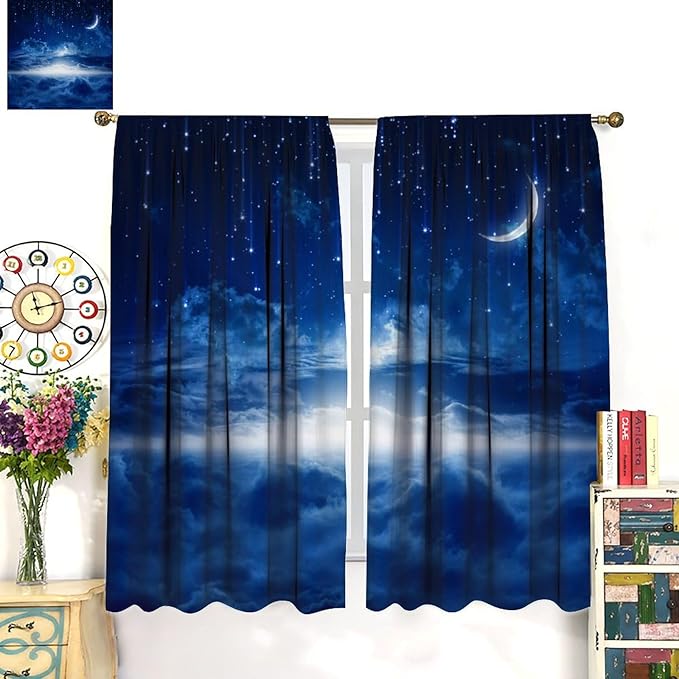 Star Night Sky Blackout Curtains, Moon Foggy Clouds Landscape Theme Print Window Drapes for Kids Girls Bedroom Living Room 72" W X 63" L