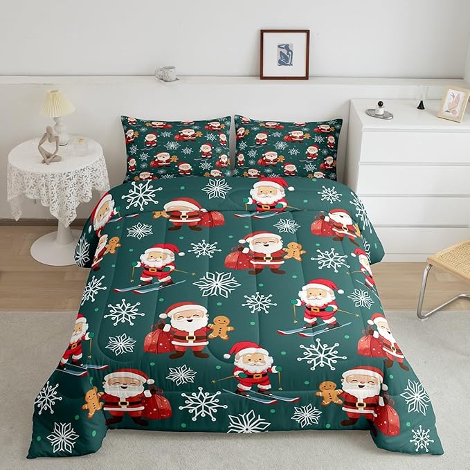 Erosebridal 7Pcs Cartoon Santa Claus Comforter Set Twin Size,Xmas Gingerbread Bedding Set,Christmas Snowboard Snowflake Bed in A Bag,Cute Christmas Ornaments Quilt with Flat Fitted Sheet