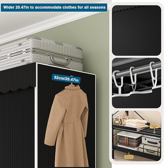 FPIGSHS Heavy Duty Clothes Rack with Cover Foldable Covered Clothes Rack for Hanging Clothes portable Wardrobe Closet System Freestanding Coat Storage Garment Racks for bedroom (black, 66.1in)
