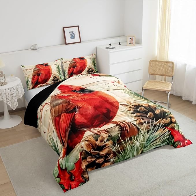 jejeloiu Kids Red Cardinal Comforter Set Twin Size Christmas Theme Bedding Set for Boys Girls Teens Xmas Birds Winter Rustic Wood Plank Animal Duvet Quilt Room Decor