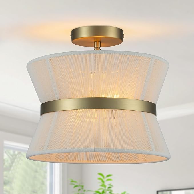 Gold Semi Flush Mount Ceiling Light 2-Light Modern Drum Dining Room Lighting Fixture 12.6” Beige Fabric Lamp for Bedroom Entryway Hallway Foyer Kitchen Island Living Room Nursery