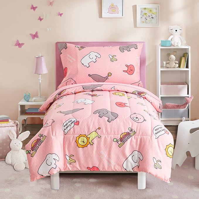 Flysheep 4 Pieces Pink Toddler Bedding Set, Elephant Lion Animals Printed for Baby Girls - Includes Quilted Comforter, Flat Sheet, Fitted Sheet & Pillow Case, Soft Microfiber
