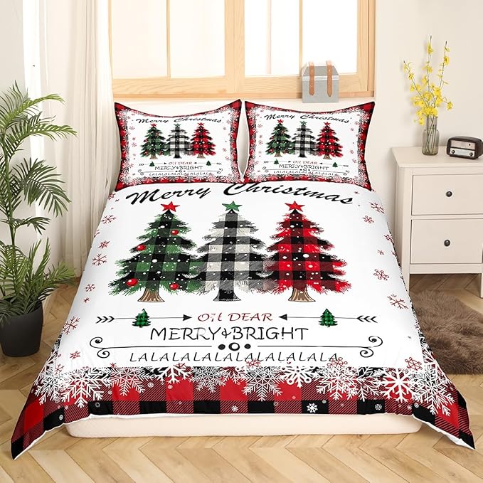 Manfei Xmas Tree Duvet Cover Set King Size, Merry Christmas Comforter Cover with 2 Pillowcases, New Year Theme Plaid Print Bedding Set 3pcs for Kids Boys Girls Bedroom Decor,No Comforter