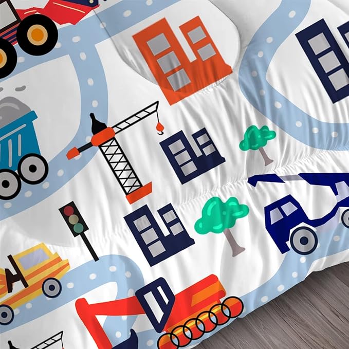 Cars Comforter Set Queen: Cartoon Truck Bedding for Boys Kids Teen Men Bedroom Construction White Dorm Quilt 1 Comforter + 2 Pillow Cases