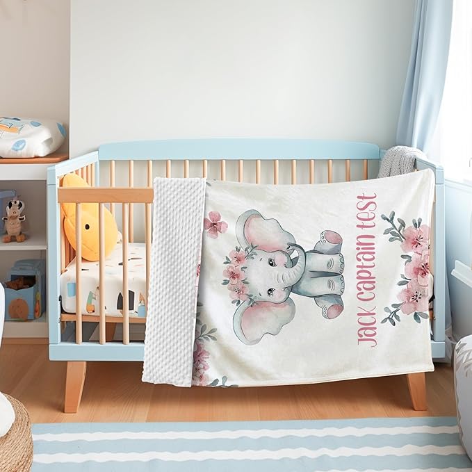 Personalized Baby Blankets for Girls Boys, Custom Elephant Baby Blanket with Name for Kids, Flannel Bed Throw Blanket for Newborn, Customized Baby Gifts for Baby Shower Nursery Blanket(60"x80)