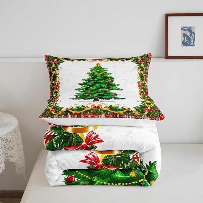 Christmas Tree Comforter Set King Size,Merry Christmas Duvet Insert for Kids Boys Girls Room Decor,Snowflake Bowknot Green Pine Leaves Bedding Set 3Pcs,Xmas Plaid Patchwork Quilt Set,2 Pillowcases