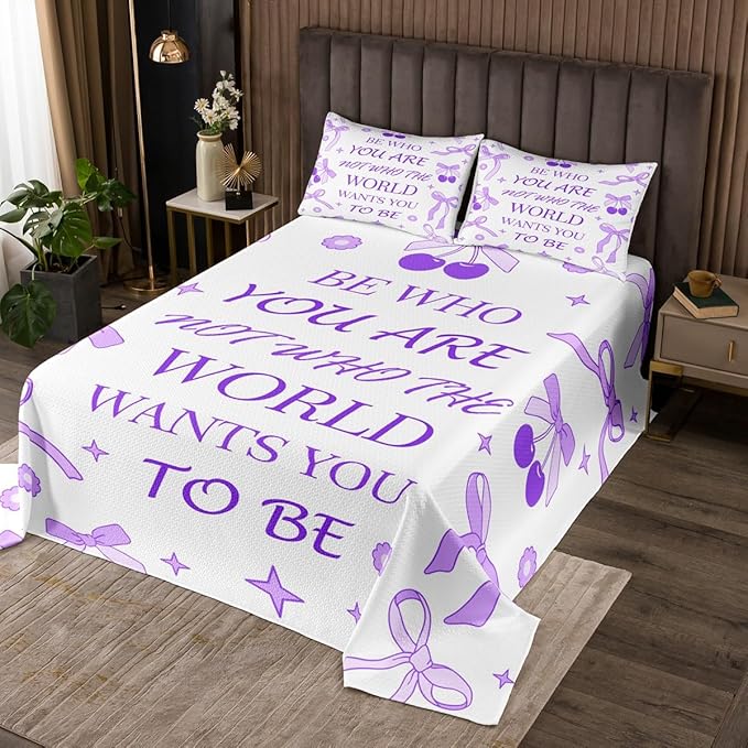 Purple Bowknot Kids Bedspread Queen Size,Cherry Tropical Fruit Stars Daisy Cute Coverlet Set,Girls Women Room Decor,Bow Tie Cartoon Princess Quilted Coverlet,Romantic Bedding Quilt,2 Pillowcases