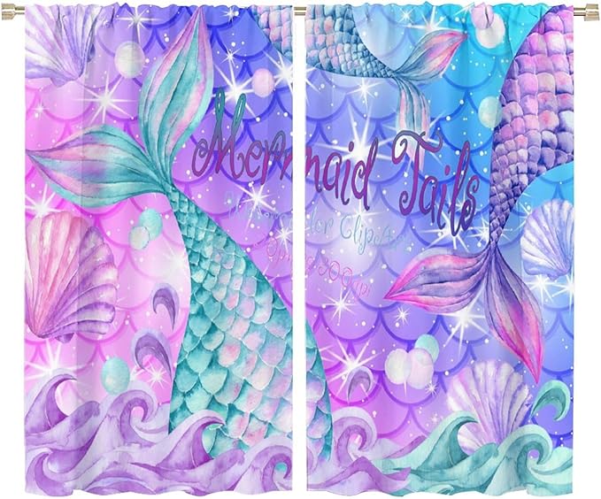 Dream Mermaid Curtain Colorful Mermaid Shell Ocean Theme Fantasy Blackout Curtains for Kids Boys Girls Bedroom Nursery Room Decor Rod Pocket Window Drapes 72x63in