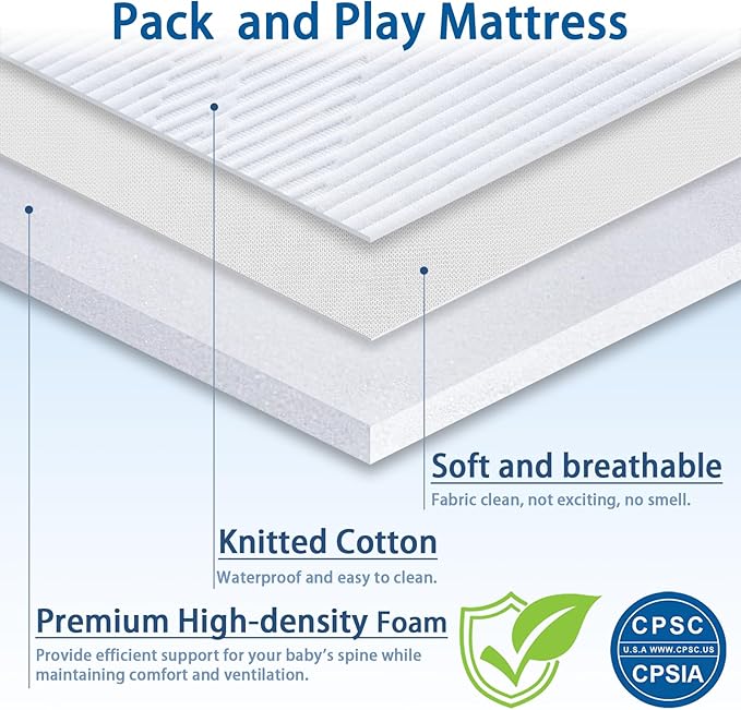 Pack and Play Mattress 38 x 26 x 1.5 inch, Soft Breathable Pack N Play Mattresses with Washable Waterproof Cover for Baby ＆Toddler, Portable Crib Mattress for Playard