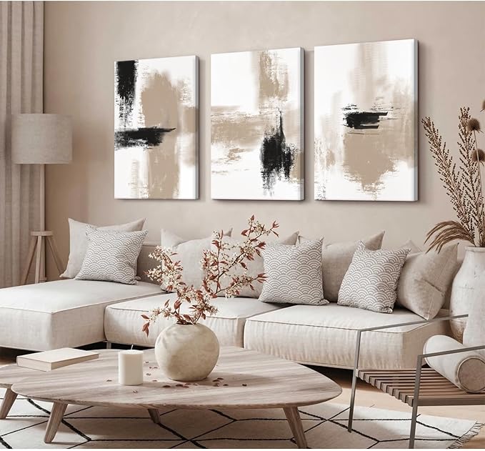 Beige Abstract Wall Art Painting Set of 3 Neutral Canvas Wall Art Prints Black Beige Modern Wall Decor Minimalist Art Pictures Abstract Modern Artwork for Room Bedroom 24x36 Inch Framed
