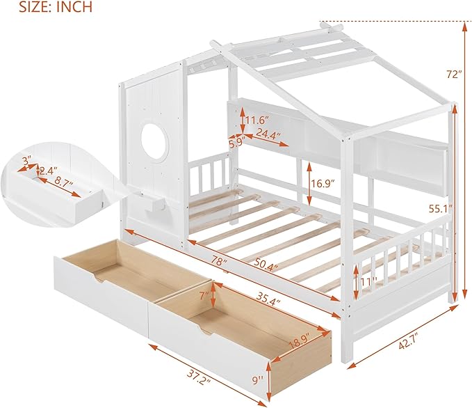 Twin Size House Bed with Storage Drawers,Kids House Bed Frame with Shelves,Cute Wood House Bed Twin with Roof for Kids,Girls,Boys,White