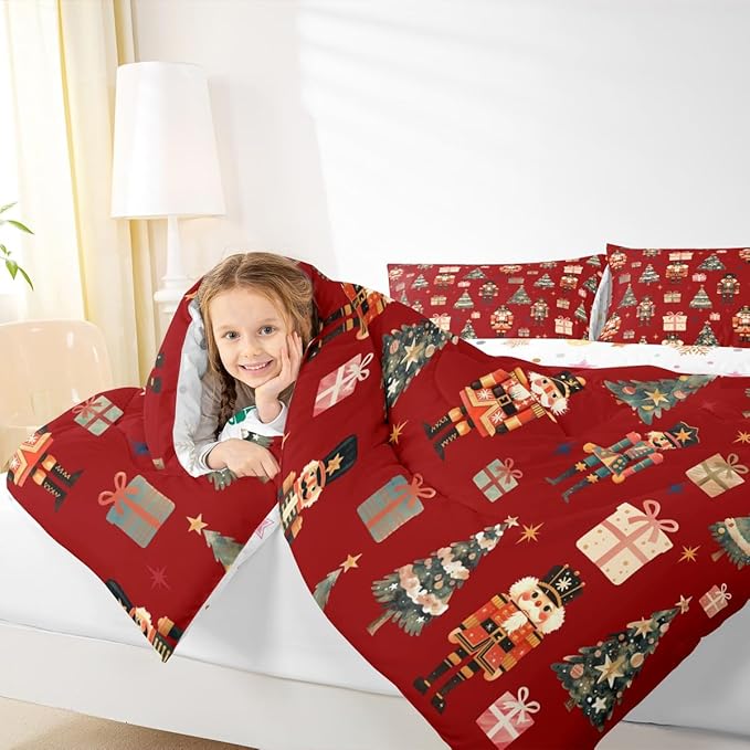 jejeloiu Xmas Nutcracker Comforter Set Toddler Size Christmas Red Bedding Set for Kids Boys Girls Cute Snowflakes Duvet Quilt Bedroom Decor