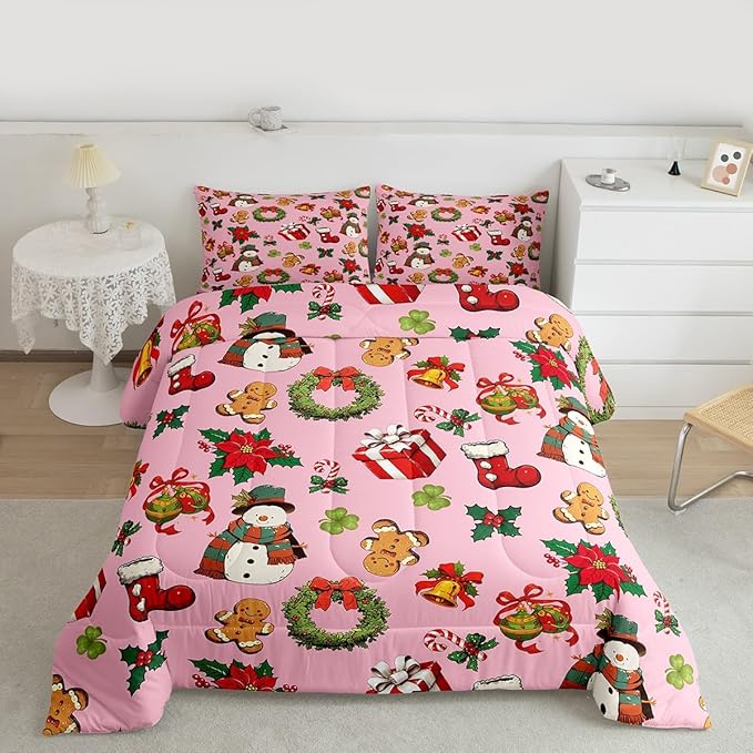 jejeloiu Merry Christmas Comforter Set King Size Cute Snowman Bedding Set for Kids Boys Girls Gingerbread Man Duvet Quilt Pink Bedroom Decor
