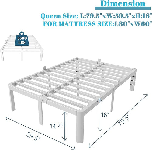 16 Inch Bed Frame Queen Size with Metal Gaskets, White Queen Bed Frame No Box Spring Needed, Heavy Duty Steel Platform Support, Round Corner Design, Storage Space, Noiseless, Reserved Holes