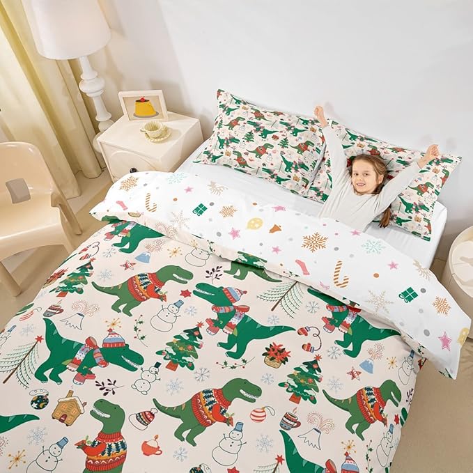Christmas Bedding Set for Kids Boys Girls Cartoon Dinosaur Christmas Tree Comforter Cover Set Snowman New Year Duvet Cover Bedroom Decor Xmas Theme Bedspread Cover Full Size Bedding Collection 3Pcs